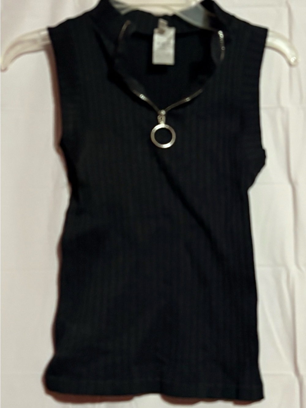 Sleeveless Black Mock-Neck Tank with Front Ring Zipper